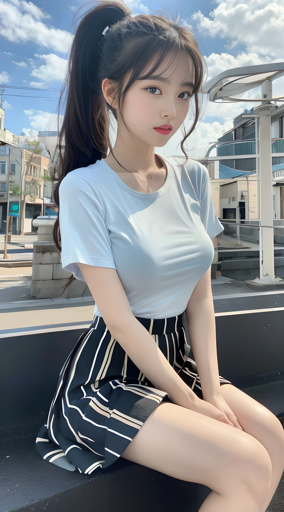 ((Best Quality, 8K, Masterpiece:1.3)), A beautiful girl, pure, melon face, gentle and cute, thin figure, frontal, tilted head, ((slip T-shirt, printed long skirt)), high ponytail, black fluffy long ponytail hair, round black big eyes, clear big eyes, moist red lips, sweet, sitting, flowers, blue sky and white clouds, sunshine, urban background,