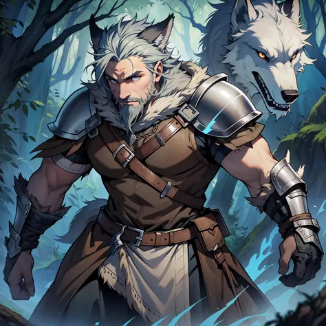 Druid character man wearing wolf skin, wearing a leather Viking armor, dark short hair