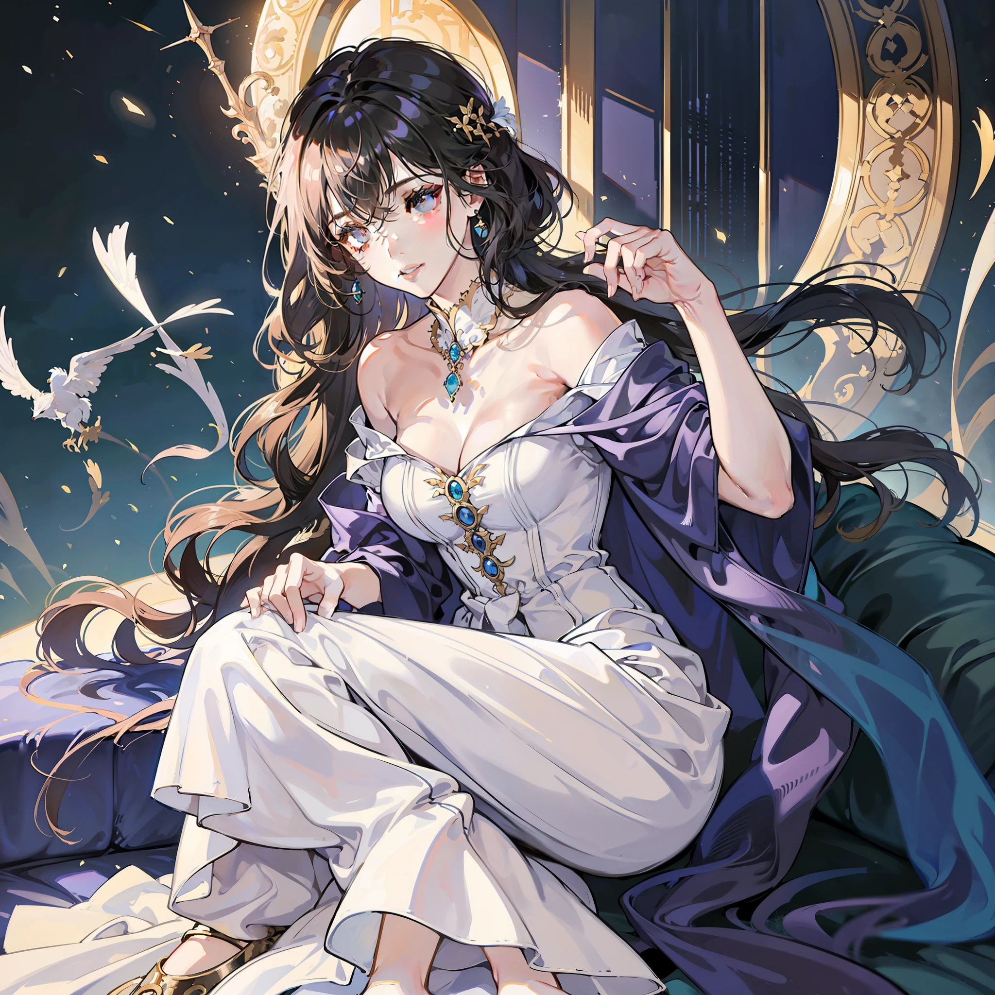 high resolution, highest quality, illustration, super detailed, (detailed face), (detailed eyes), cinematic lighting, best quality, super detailed, masterpiece, 1 girl, solo, (gorgeous: 1.4), white dress, fantasy, elegance, royalty, fantastic light and shadow, extremely detailed face, strong woman, far away, full body, gorgeous background, masterpiece, super detail, epic composition, ultra hd, high quality, extremely detailed, official art, uniform 8k wallpaper, super detail, 32k