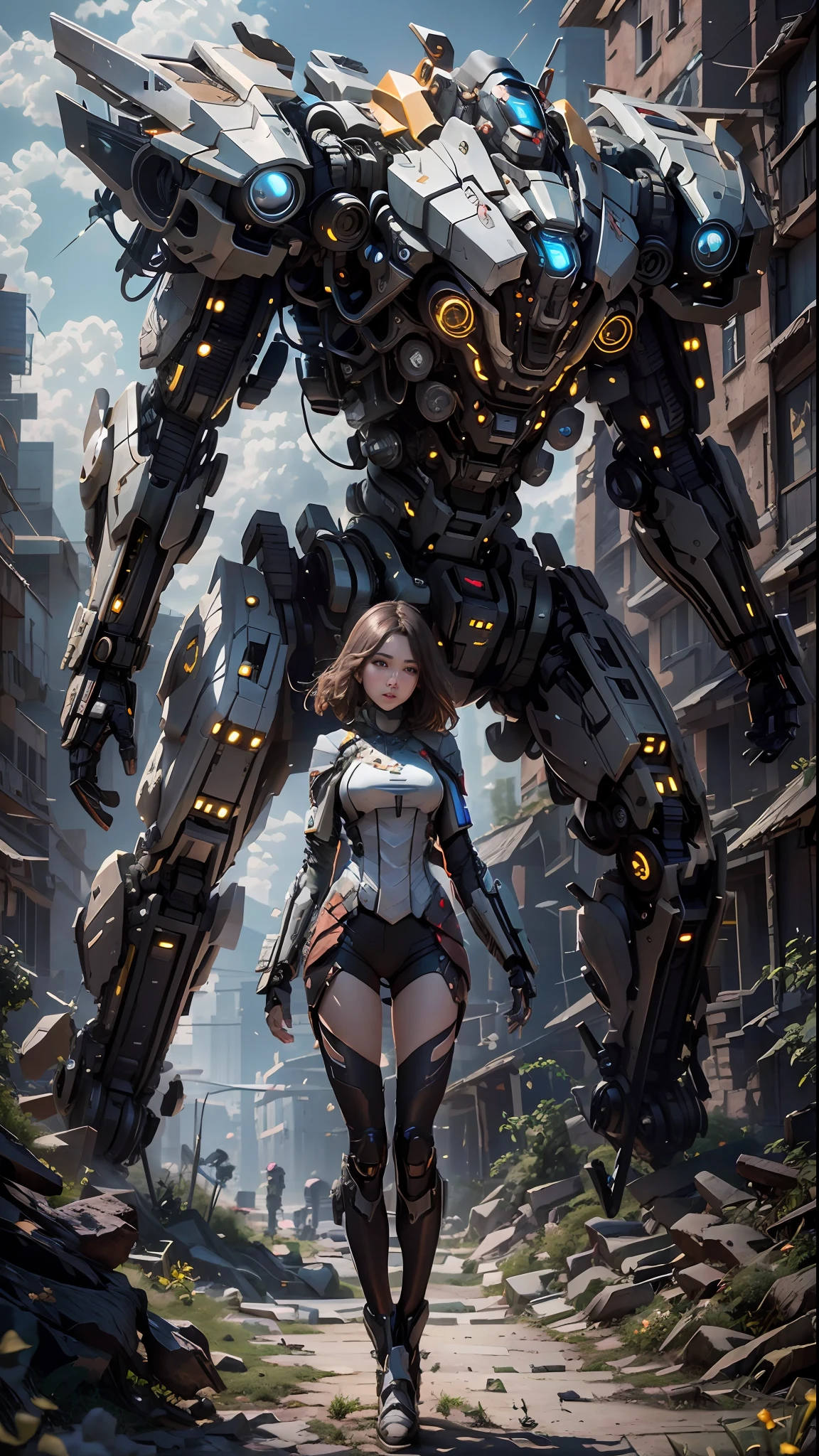 ((Best Quality)), ((Masterpiece)), (Very Detailed:1.3), 3D, Shitu-mecha, Beautiful cyberpunk woman with her pink mech in the ruins of a city in the forgotten war, Ancient technology, HDR (High Dynamic Range), ray tracing, NVIDIA RTX, super resolution, unreal 5, subsurface scattering, PBR texture, post-processing, anisotropic filtering, depth of field, maximum sharpness and sharpness, multi-layer texture, albedo and highlight maps, surface shading, Accurate simulation of light-material interactions, perfect proportions, octane rendering, duotone lighting, low ISO, white balance, rule of thirds, wide aperture, 8K RAW, efficient sub-pixels, subpixel convolution, luminescent particles, light scattering, Tyndall effect