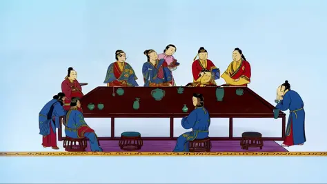 Ten people, Chinese Qing dynasty, sat around the table
