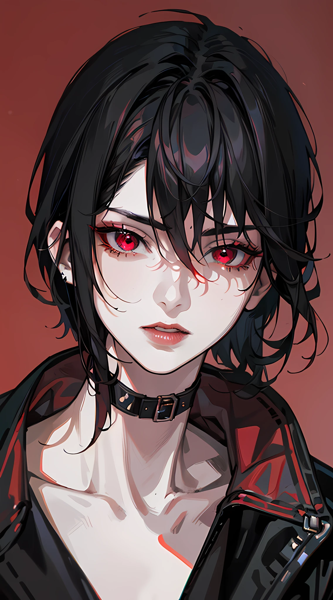 1boy, (close up face, masterpiece, best quality:1.2), 8k, official art, absurdres, gothic, studded black leather jacket and choker, pierced earrings, (smokey red eye shadow with glitter, glazed pinkish red lips:1.1), (very dark red background:1.4), HDR, facelight, ultra realistic, highres, photography, film grain, chromatic aberration, sharp focus, HDR, facelight, dynamic lighting, cinematic lighting, professional shadow, dark shadow, highest detailed, extreme detailed, ultra detailed, finely detail, real skin, delicate facial features, detailed face and eyes, sharp pupils, realistic pupils, (black hair:1.4)