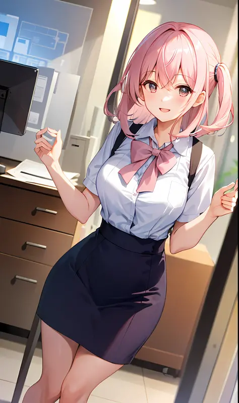 ((masterpiece, best)),(1girl),((mature woman)), light pink hair, dizzy, trumpet, ((office lady)), bangs, mid-chest, (full), slim...