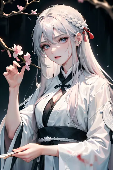 Masterpiece, best quality, night, outdoors, rainy days, branches, Chinese style, ancient China, 1 woman, mature woman, silver white long haired woman, gray blue eyes, light pink lips, cold, serious, weak, bangs, assassins, short knives, white clothes, blac...
