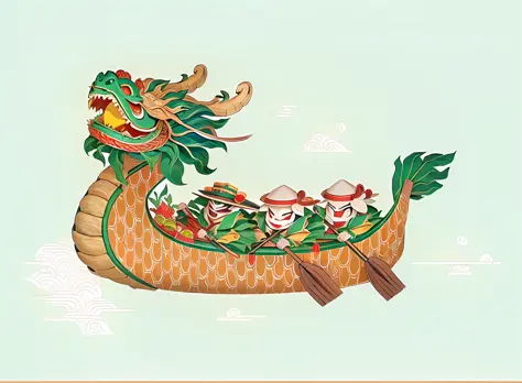 Three anthropomorphic rice dumplings, on a dragon boat with oars, inspired by Shuwen Tensho, You Are Dragon Food, Shenlong, inspired by Tanahara Tani Soda, Gentaka, inspired by Masamitsu Ota and Masakukan, as an anthropomorphic dragon, a dragon in a hat