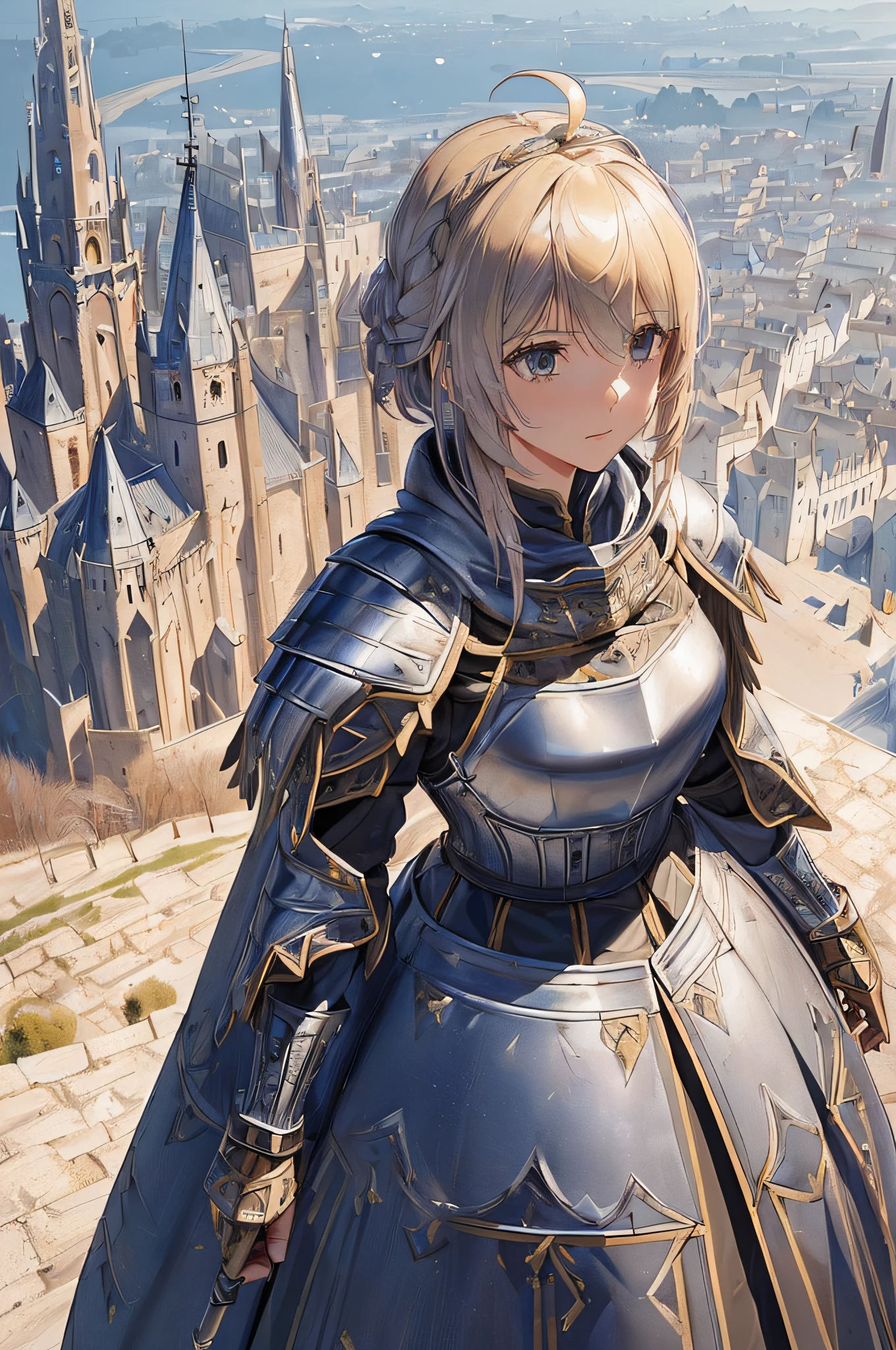 Realistic, realistic detail, detailed, (((1 girl, slim, ahoge, female knight, detailed armor, intricate details, cloak, cane, aerial perspective, from above, standing on the top of the tower overlooking the medieval cityscape, very detailed architecture, perspective, clear focus, depth of field, detailed background)))