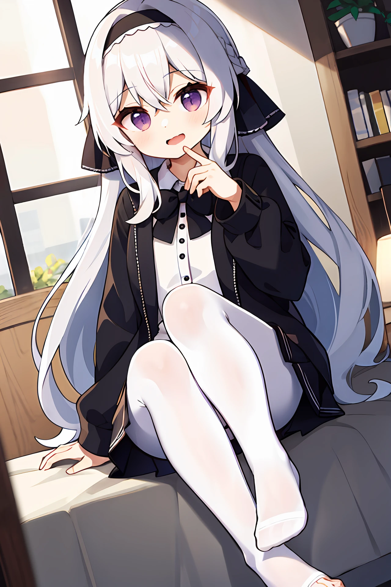 masterpiece,best quality,1girl,solo,long hair,looking at viewer,sitting,indoors,blush,long sleeves,purple eyes,bangs,bow,hairband,white hair,feet out of frame,black bow,knees up,open mouth,black pantyhose,hair bow,window,hair between eyes,frills,skirt,very long hair,shirt,grey hair,black skirt,white jacket,puffy long sleeves,hand up,black hairband,