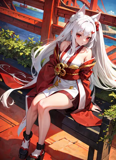 Masterpiece, best quality, 1girl, red eyes, long hair, white hair, sitting, red kimono, bare face, arms behind the back, nature, hair accessories, animal ears, bridge, royal sister