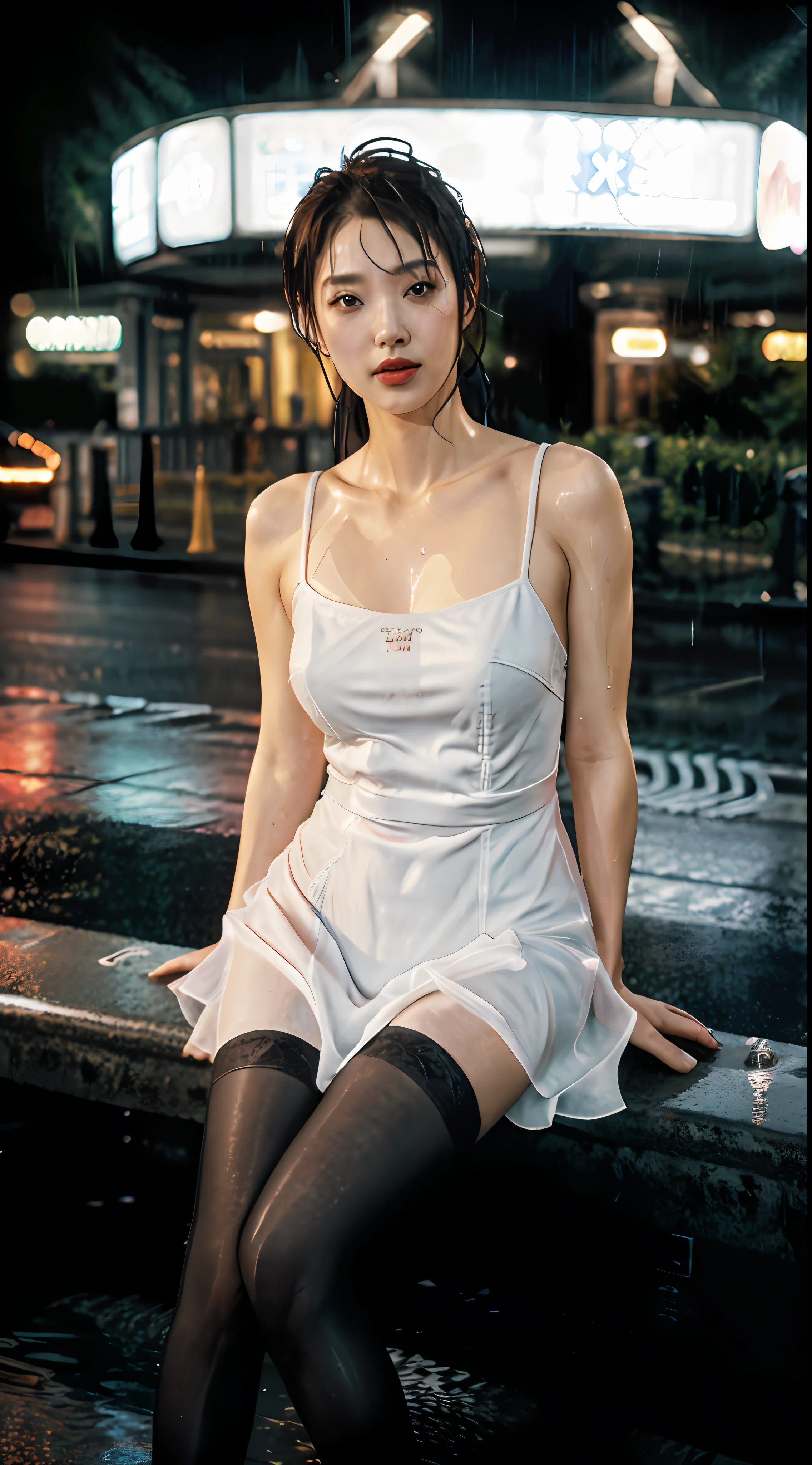 ((Realistic lighting, Best quality, 8K, Masterpiece: 1.3)), Clear focus: 1.2, 1girl, Perfect body beauty: 1.4, Slim abs: 1.1, (Big breasts), (White shirt: 1.4), (Outdoor, night: 1.1), (Standing), City Street, Super Fine Face, Fine Eyes, Double Eyelids, (Over the Knee Black Stockings: 1.5), (Wet in the rain, Wet: 1.2)