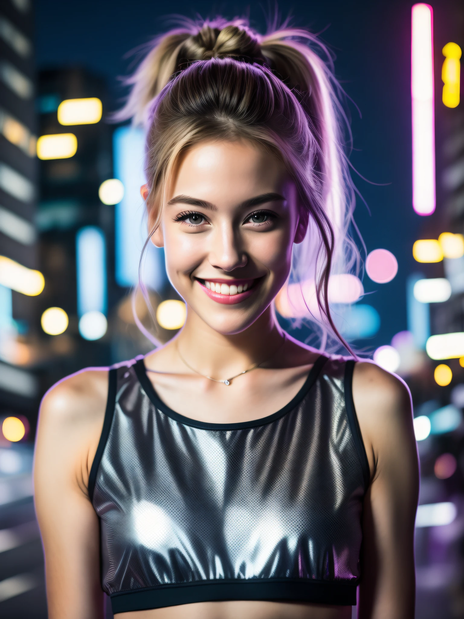 Portrait photo of a young european girl, (laughing:0.7), ponytails hair, complex city background, backlit, (cinematic:1.5),transparent pvc crop top, night, neon cityscape, epic realistic, hyperdetailed, insane details, intricate details, accent lighting, soft volumetric light, bokeh, (dramatic light:1.2), (neutral colors:1.3), cross process