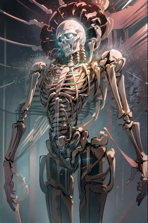 (non-human:1.3), (only skeleton:1.4), (Silver skeleton in transparent crystal case), (stands), ((symmetrical)), (detailed nervous system), neon color, bioluminescent color, vivid colors, perfect composition, hyper-realistic, ultra-detailed, high quality, R...