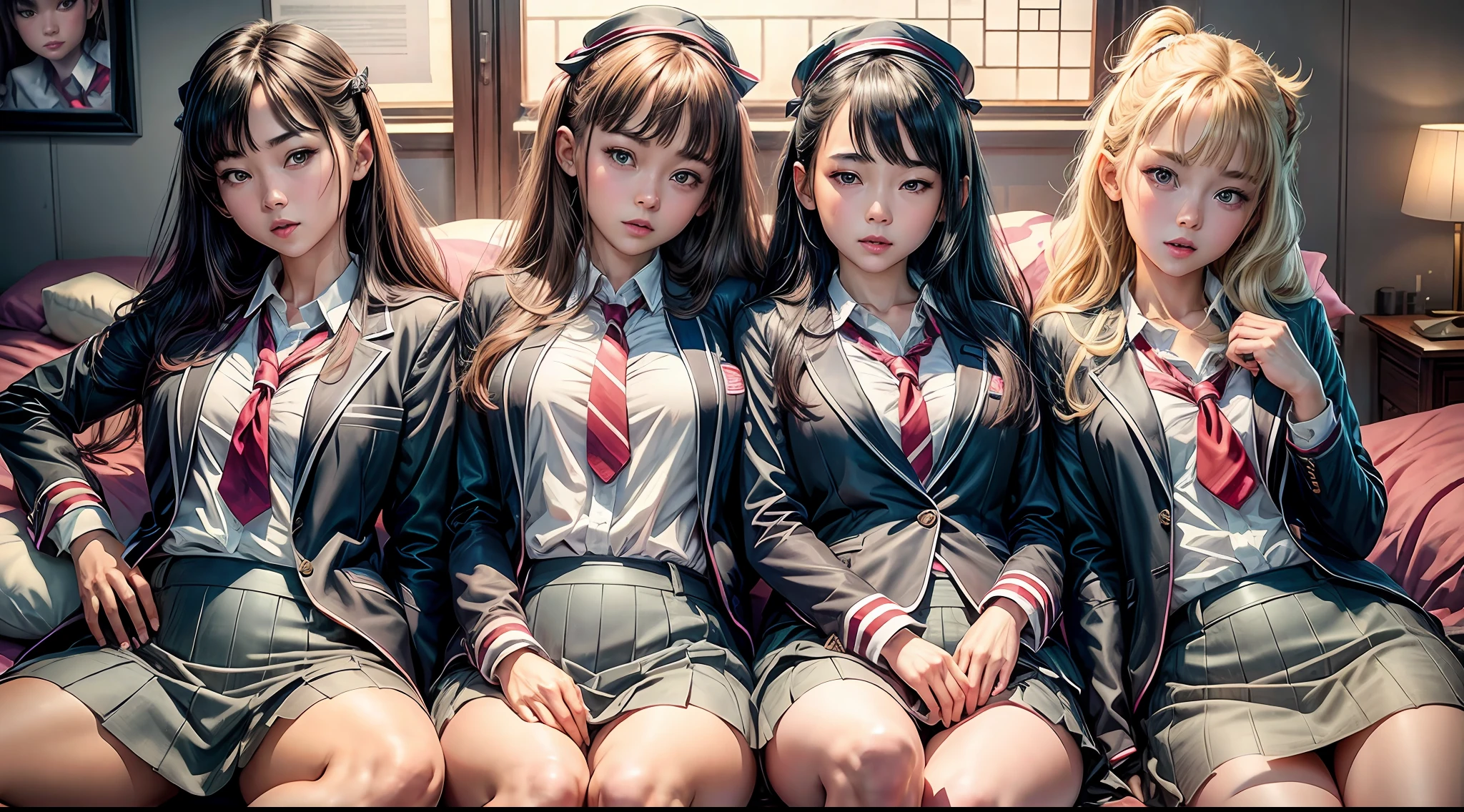 a poster of a movie, ((6 girls)), wear sexy school uniform, lying on the  bed, different poses - SeaArt AI