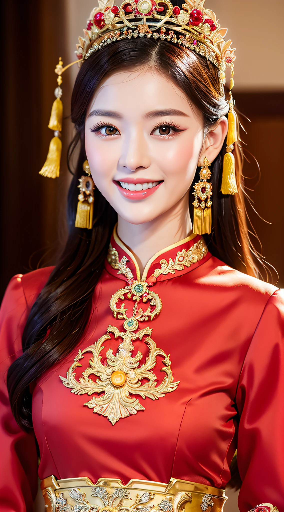 (8k, RAW Photo, Best Quality, Masterpiece: 1.2), (Realistic, Realistic: 1.37), 1 Girl, Aalfite Woman Posing for Photo in Red Dress and Headdress, Gorgeous Role Play, Beautiful Costume, Intricate Fantasy Dress, Beautiful Fantasy Queen, Chinese Dress, Complex Dress, Complex Costume, Traditional Beauty, Gorgeous Chinese Model, Chinese Costume, Wearing Gorgeous Costume, Wearing Elegant Chinese Xiuhe Dress, Chinese Wedding Dress, Phoenix Crown Xia Hanging, Antique Bride, Xiuhe Dress, Close-up, close-up, head wearing a phoenix crown, smiling