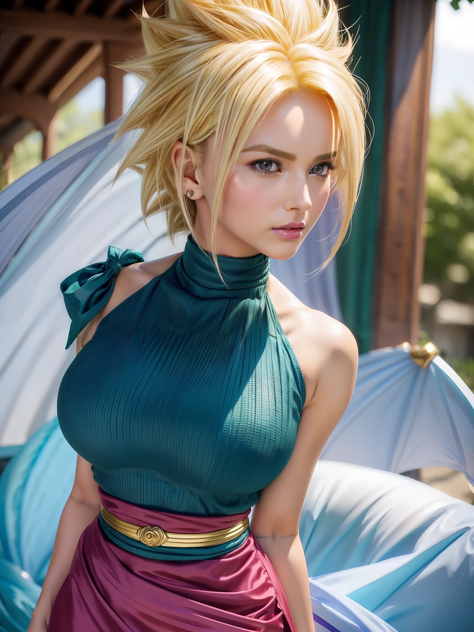 (caulifla from dragon ball movie:1.35), 1girl, closed mouth, female focus, muscular, muscular female, rock, sash, serious, solo, spiked hair, ultra instinct, (masterpiece, best quality, extremely detailed 8k, ultra hd, ultra-detailed, highly detailed, highly realistic, photo realistic), (1girl:1.5), (beautiful realistic face, detailed realistic face), (high detailed realistic natural blonde hair, beautiful realistic hairstyle), (beautiful realistic eyes, high detailed realistic green tosca eyes, proportional eyes, realistic pupils, high detailed pupils), (high detailed realistic natural eyebrows), (high detailed realistic lips, beautiful realistic lips, pink lipsticks), (upper body from head to thighs, slender body:1.5), highly detailed realistic skin, sharp focus, outdoor, mountain, snow,