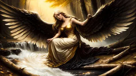 foto (Fallen Angel Style:1) uma pintura digital de um (atraente:1) anjo dourado sentado no meio de uma floresta usando um espart...