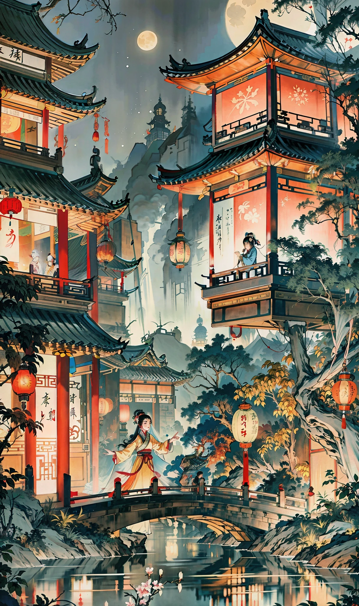 1girl,chinese clothes, hanfu,lantern,city, East Asian architecture,garden,street,building on mountain,light particles,firefly,night:1.5,moon,star,river, nature,neon lights,cyberpunk,outdoors,(Masterpiece, best quality, very detailed CG, complex details: 1.2), .