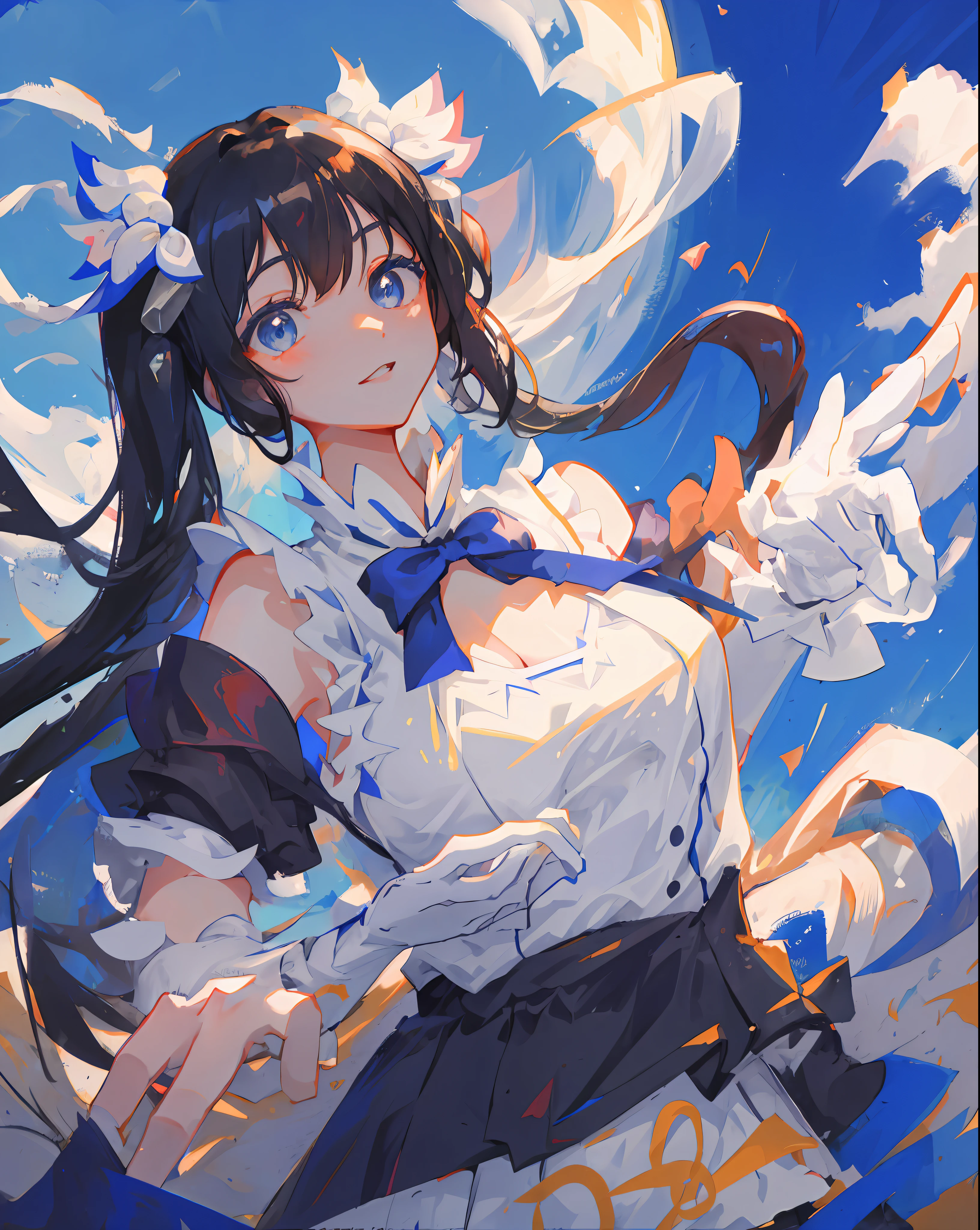 MKSKS style, Masterpiece, Top quality, Long eyelashes, Eyeliner, Eyeshadow, Mascara, Colorful, Pink lips, Deep skin, Look at the viewer, Outstanding smile, Upper body, Curvaceous, Hestia (Danmachi), 1girl, Breasts, Solo, Long hair, Blue ribbon, Twin tails, Gloves, Ribbon, Dress, Lei's pimp, Big, Blue eyes, Black hair, White gloves, Cleavage, white dress, look at the viewer, closed mouth, hair ribbon, bow, sleeveless, sleeveless dress, bangs, blush, cleavage cutouts, hair ornaments, bow ties, clothes clippings, very long hair, covered navel, arm ribbons, shiny skin, outdoors, meadow, blue sky, cloudy sky, tight, taut dress, chest focus, upper body, super detail, illustration, close-up, straight, portrait, face focus, :p,