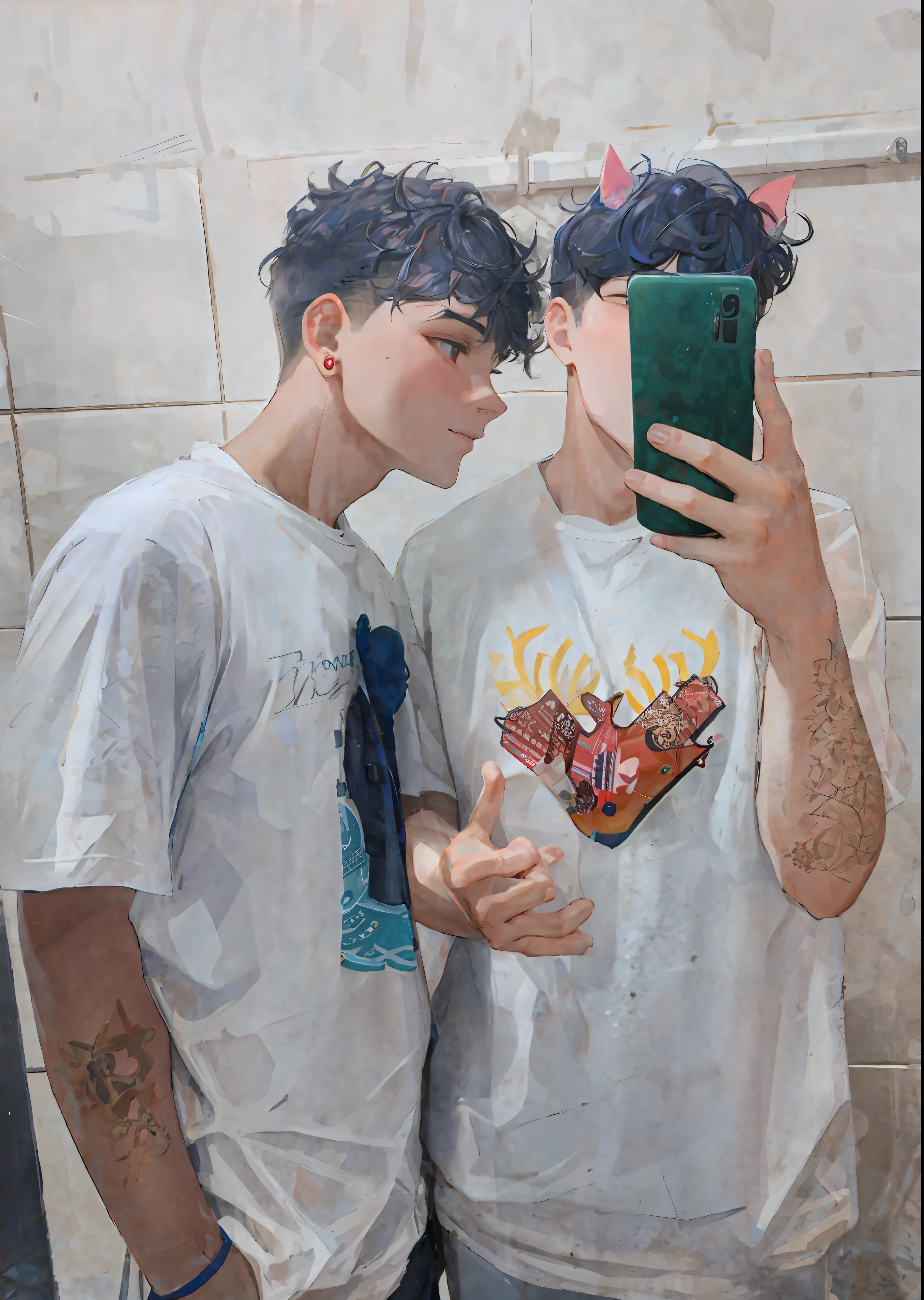 Painting of two young men taking a selfie in a bathroom - SeaArt AI