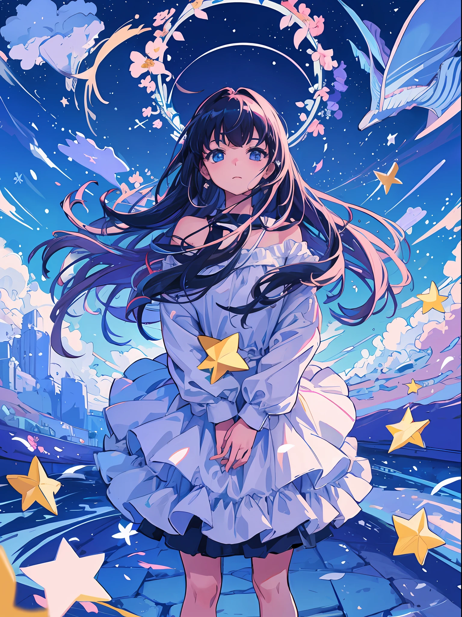 1女孩, 星星, 花朵, 杰作,