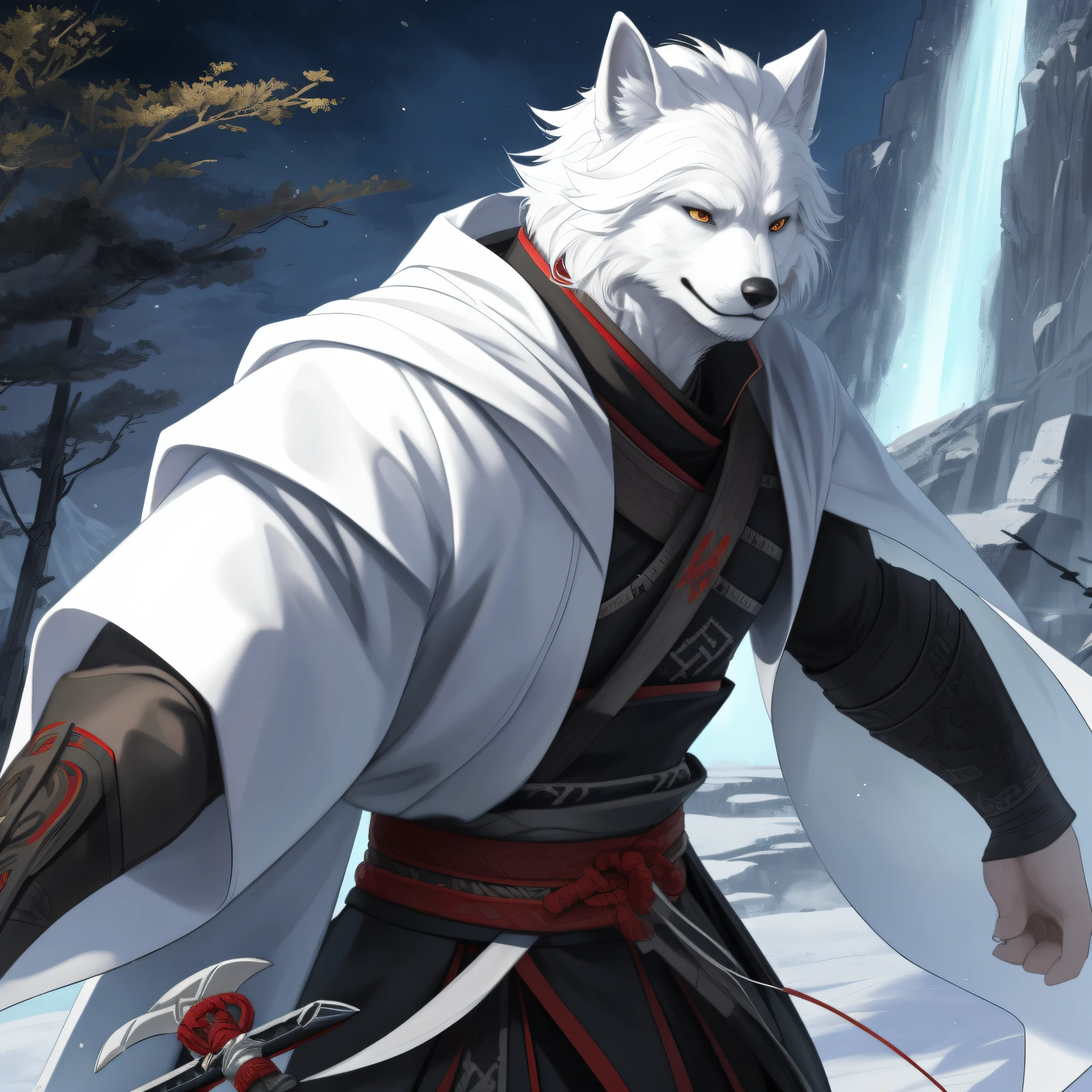 white coat，White cloak，Ruan Jia，Pinodani，Dark Gems，Dimwitt Dog，Muscle werewolves，（bdetailed face），（Detailed fluffy fur）Wandering samurai，ancient wind