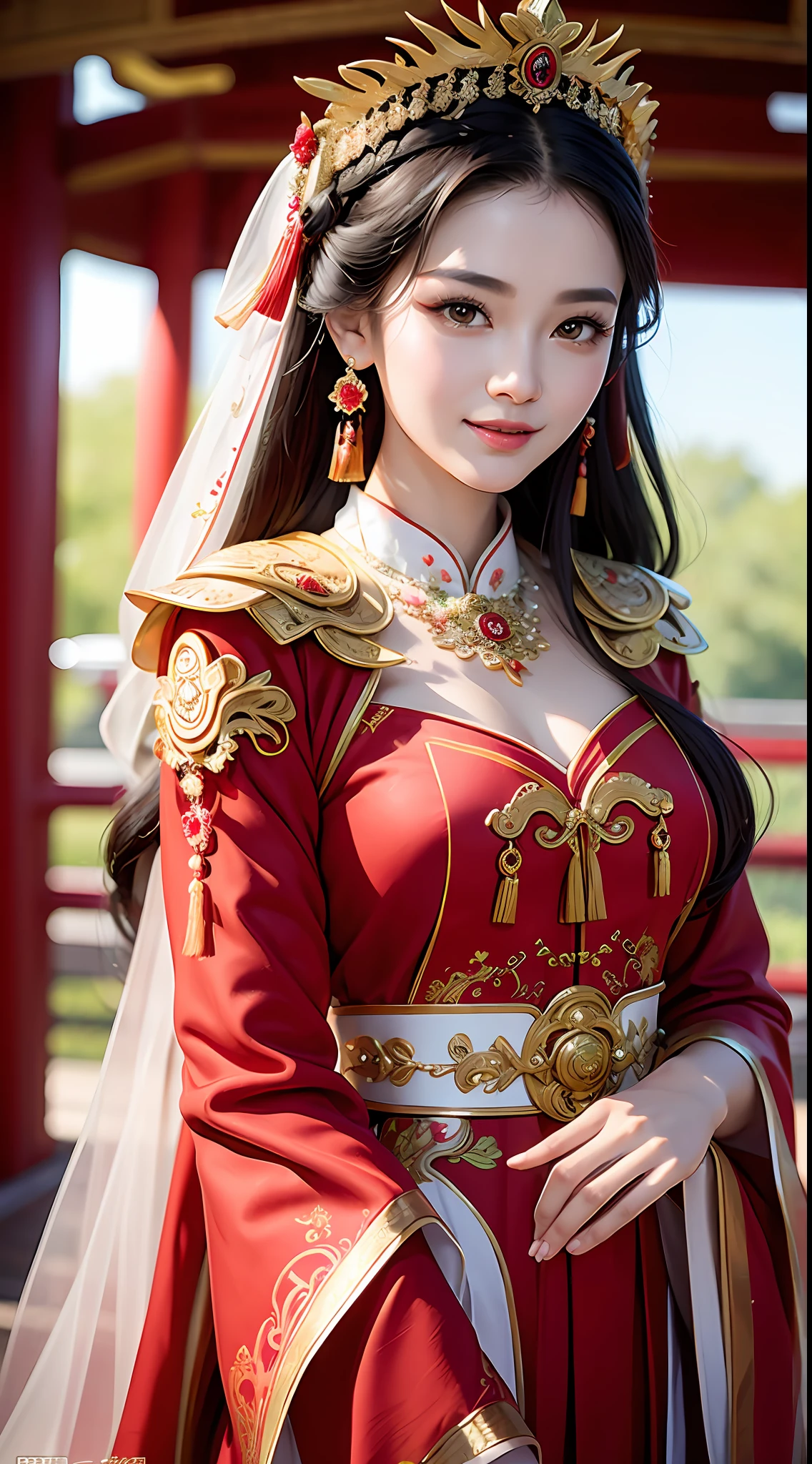 (8k, foto en bruto, mejor calidad, Obra maestra: 1.2), (Realista, Realista: 1.37), 1 chica, Mujer de Aalfi posando para una foto con un vestido rojo y un tocado, Magnífico juego de roles, hermoso disfraz, vestido de fantasía complejo, hermosa reina de la fantasía, vestido chino, Vestido complejo, traje complejo, belleza tradicional, preciosa modelo china, traje chino, inspirado en Lan Ying, Vistiendo un disfraz precioso, Inspirado por Puhua, Vistiendo un elegante vestido chino Xiuhe, vestido de novia chino, Corona de Fénix mano Xia, novia antigua, mostrar vestido, de cerca, de cerca, sonrisa