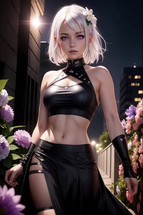 realistic, 1girl, white hair, purple eyes, glowing eyes, crop top, skirt, parted lips, blush, night, flowers, sun, sunlight