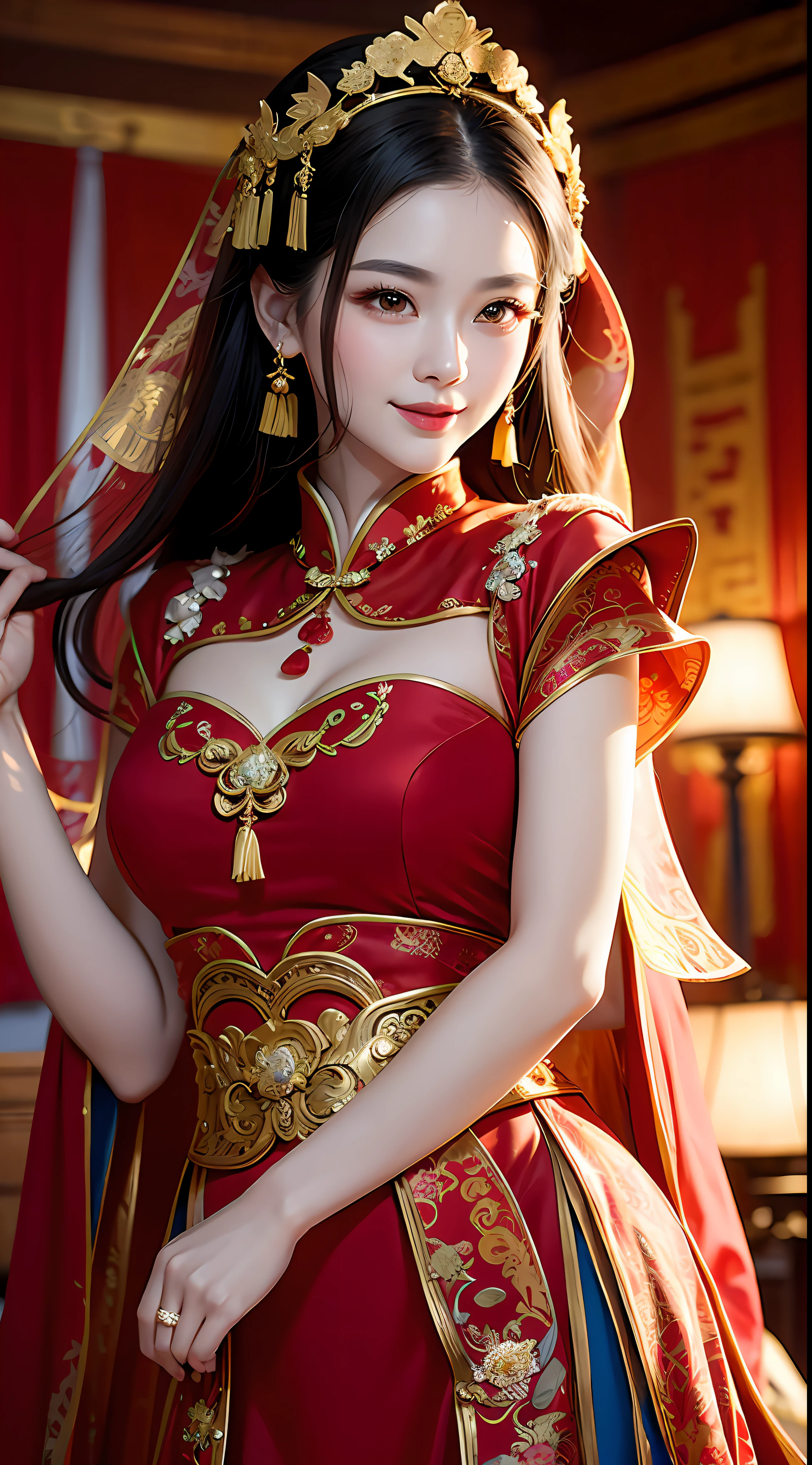 (8K, 原始照片, 最好的品質, 傑作: 1.2), (實際的, 實際的: 1.37), 1 名女孩, 身穿紅色洋裝、頭戴頭飾的阿爾菲女子擺姿勢拍照, 華麗的角色扮演, 漂亮的服裝, 複雜的幻想禮服, 美麗的幻想女王, 旗袍, 複雜連身裙, 複雜的服裝, 传统美, 漂亮的中国模特, 中国服饰, 灵感来自兰英, 穿著華麗的服裝, 受到談話的啟發, 身著優雅的中式秀禾服, 中國婚紗, 鳳冠霞手, 古董新娘, 秀場禮服, 特寫, 特寫, 微笑