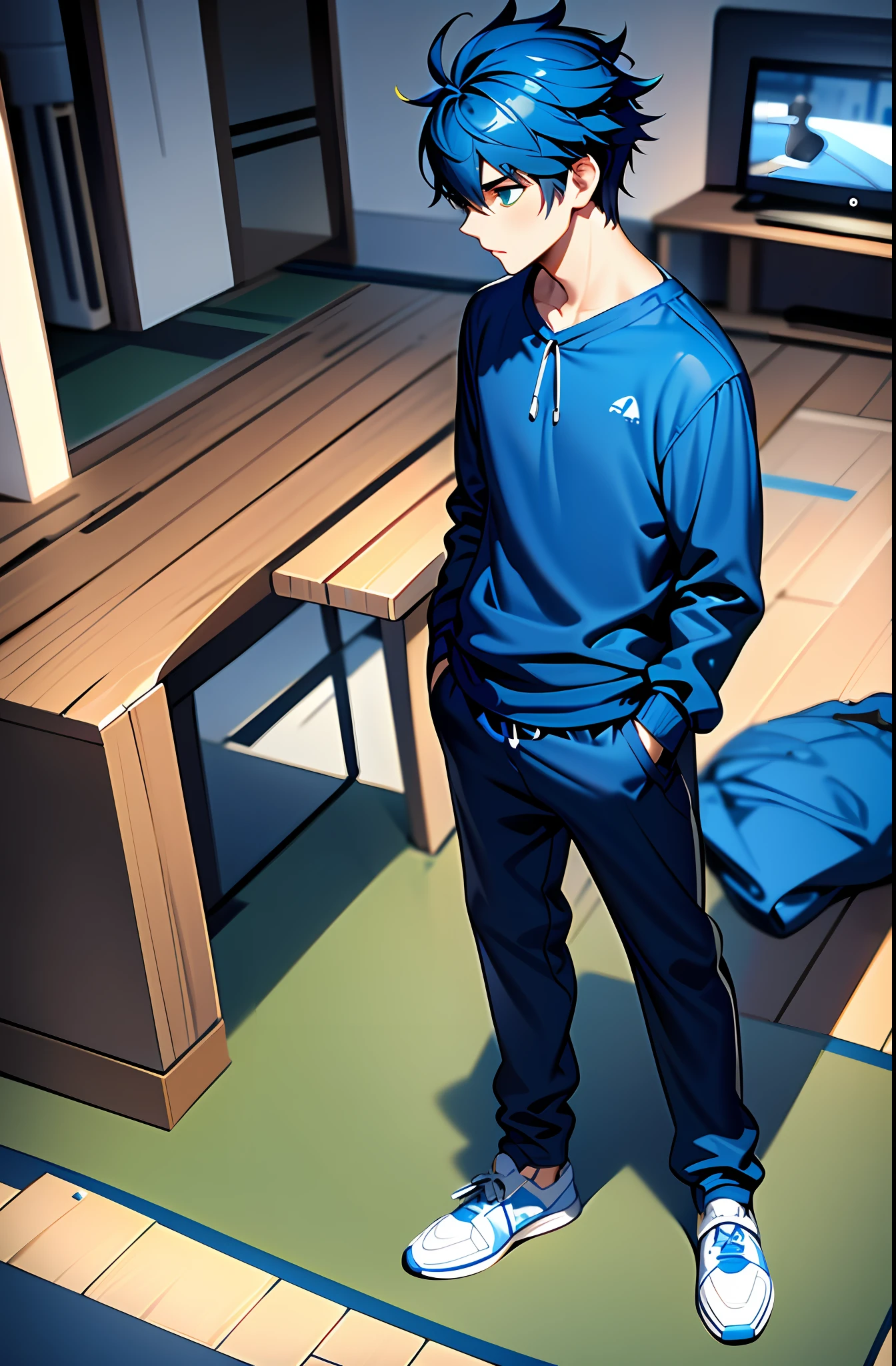 (masterpiece,best quality, detailed), 1boy, male focus,  indoors, standing, full body, from above, headphones, looking away, royal blue hair, green eyes
socks, game controller, holding, holding controller, black hoodie, blue tennis shoes (track pants:1.3)