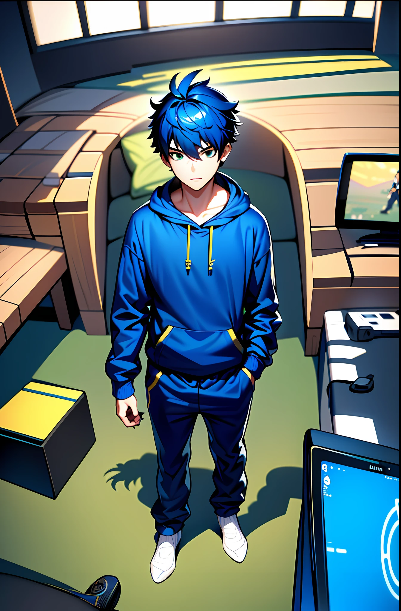 (masterpiece,best quality, detailed), 1boy, male focus,  indoors, standing, full body, from above, headphones, looking away, royal blue hair, green eyes
socks, game controller, holding, holding controller, black hoodie, blue tennis shoes (track pants:1.3)