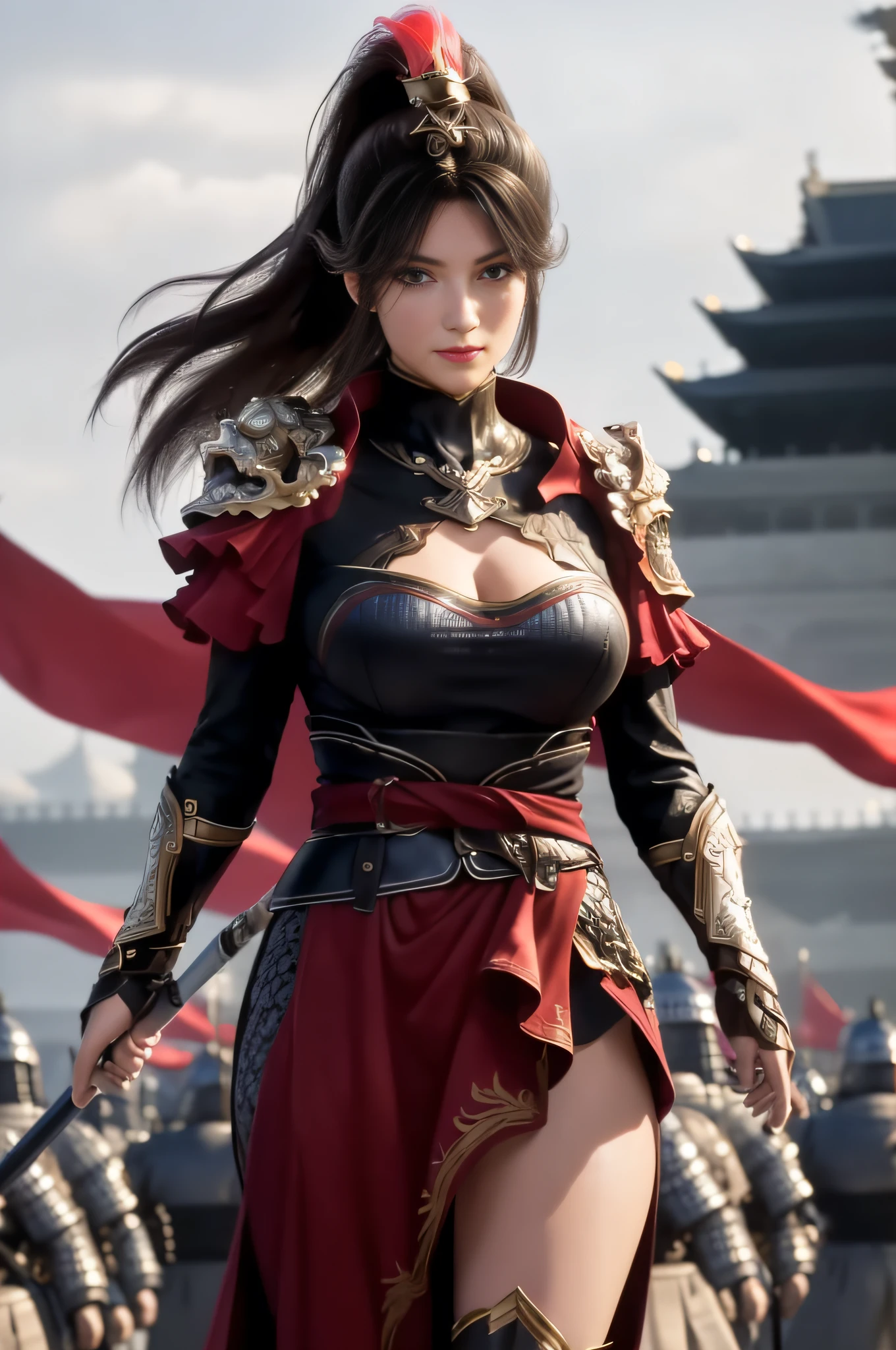 rows and buildings of red flags, standing in front of a group of people in armor standing in the field against the background of flags, red costume, shoulder_armor, armor, armored dress, armored boots, red_cape, high_collar, helmet on her head, (swinging a spear at the enemy and repelling), holding_weapon, spear, real, thighs ,, bangs, black_hair, brown_eyes, long_hair, turtleneck, 1 girl, 20 years old, mature woman, beautiful fingers, beautiful long legs, beautiful body, beautiful nose, beautiful character design, perfect eyes, perfect face, look viewer, NSFW, official art, highly detailed CG Unity 8k wallpaper, perfect lighting, colorful, Bright_Front_face_Lighting, (Masterpiece:1.0), (best_quality:1.0), Ultra High Definition, 4K, Ultra Detail, Photography, 8K, HDR, High Definition, Absurdity: 1.2, Kodak Portra 400, Film Grain, Blurry Background, Bokeh: 1.2, Lens Flare, (vibrant_color:1.2) (Beautiful,large_Breasts:1.4), (beautiful_ face:1.5),(narrow_waist),