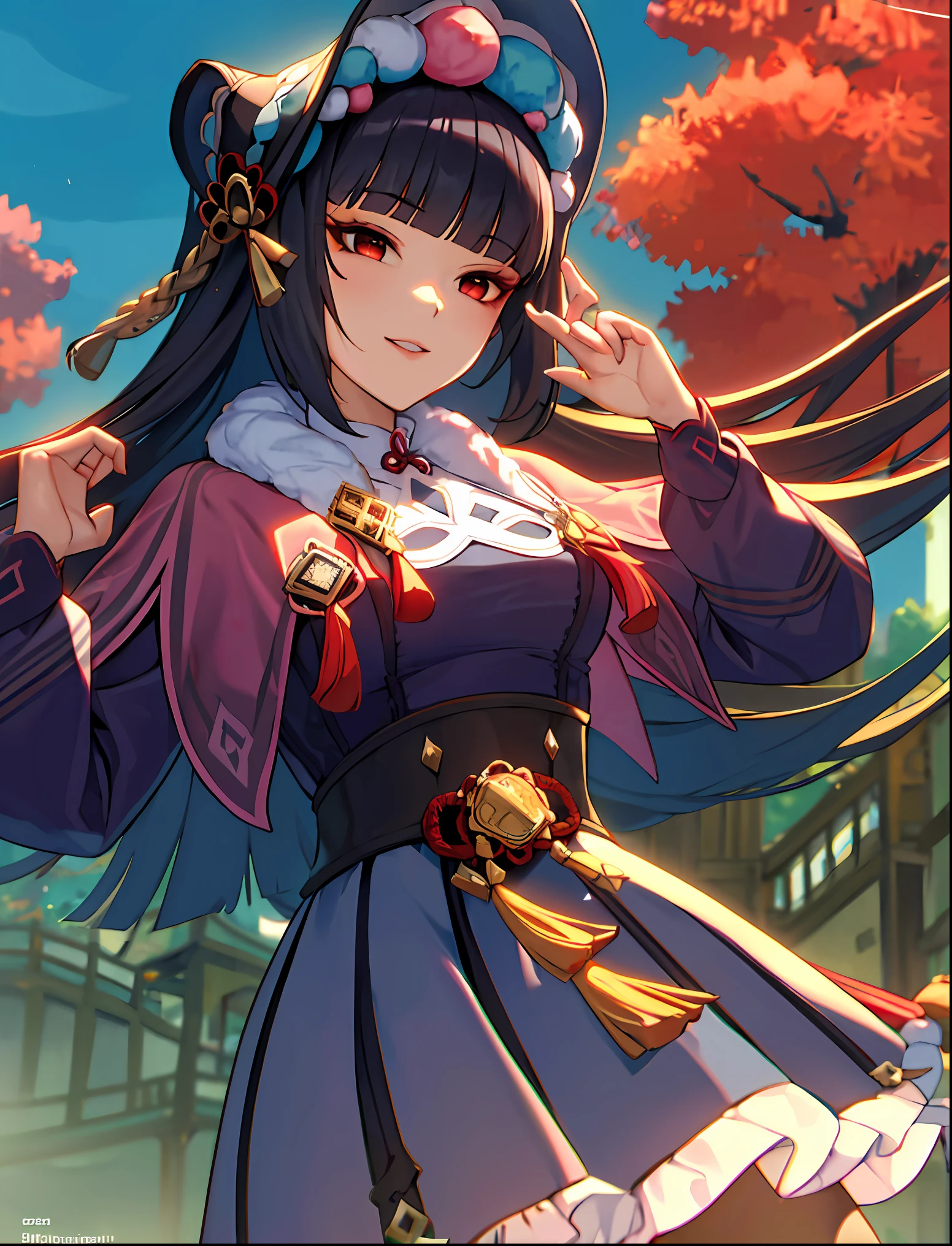 ((masterpiece:1.2)), best quality, pretty face, dramatic lighting,1girl, solo, blunt bangs, hime cut, black corset, black hair, collar, mascara, ((red eyeshadow)), long hair, sidelocks, floating hair, looking at viewer, (makeup), pink capelet, qi lolita, red eyes, puffy long sleeves, bonnet, purple dress, large breasts, closed mouth, parted lips, light smile, hand up, skirt, black pantyhose, Pantyhose Showing Panties, wind blowing skirt, anime screencap, (night sky), east asian architecture, Liyue, tassel, black footwear, half-closed eyes, genshin impact,