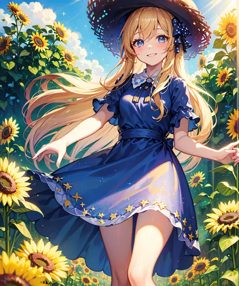 (Best Quality:1.1), (Masterpiece:1.4), (Absurdity:1.0), (Ultra Detail:0.5),
1 girl, solo, blue dress, (polka dots: 1.4), straw hat, standing, tall sunflower field, (sunrays: 1.2), blonde hair, blue eyes, smiling, looking at the viewer, happy, blush