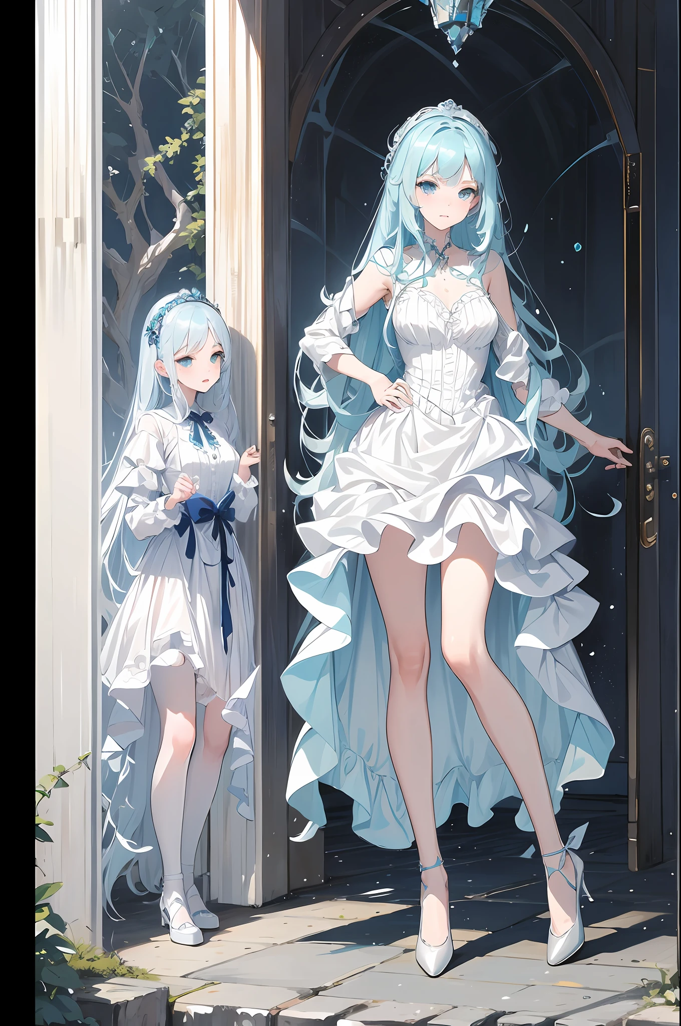 （a masterpiece，Top Quality，Bestquality，offical art，Beauty and aesthetics：1.2 naked royal sisters），（1 girl：1.3 pcs），（fractal art：1.3 pcs），Vibrant aqua blue eyes， Medium hair with tassels，s whole body，Round-Lolita shoes，heeled shoes（Blue bow shoe clip），White stockings