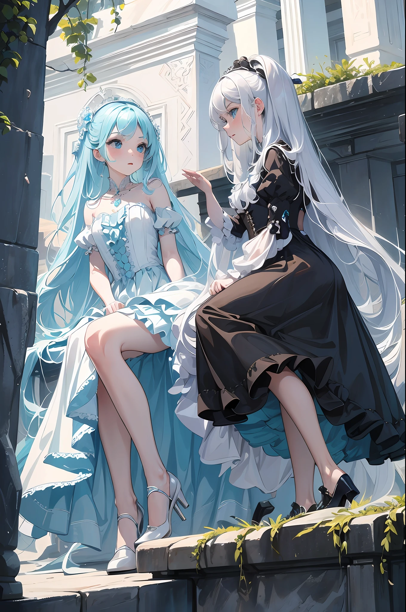 （a masterpiece，Top Quality，Bestquality，offical art，Beauty and aesthetics：1.2 naked royal sisters），（1 girl：1.3 pcs），（fractal art：1.3 pcs），Vibrant aqua blue eyes， Medium hair with tassels，s whole body，Round-Lolita shoes，heeled shoes（Blue bow shoe clip），White stockings