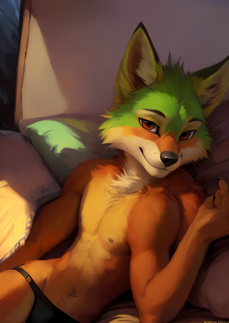 beautiful and detailed portrait of a (((feminine))) male green fox, kenket, Ross Tran,ruan jia, uploaded to e621, zaush, foxovh, cenematic lighting, black thong bulge ,(((confident, seductive))) smile bedroom, (((laying on))) bed, pillows, bl
