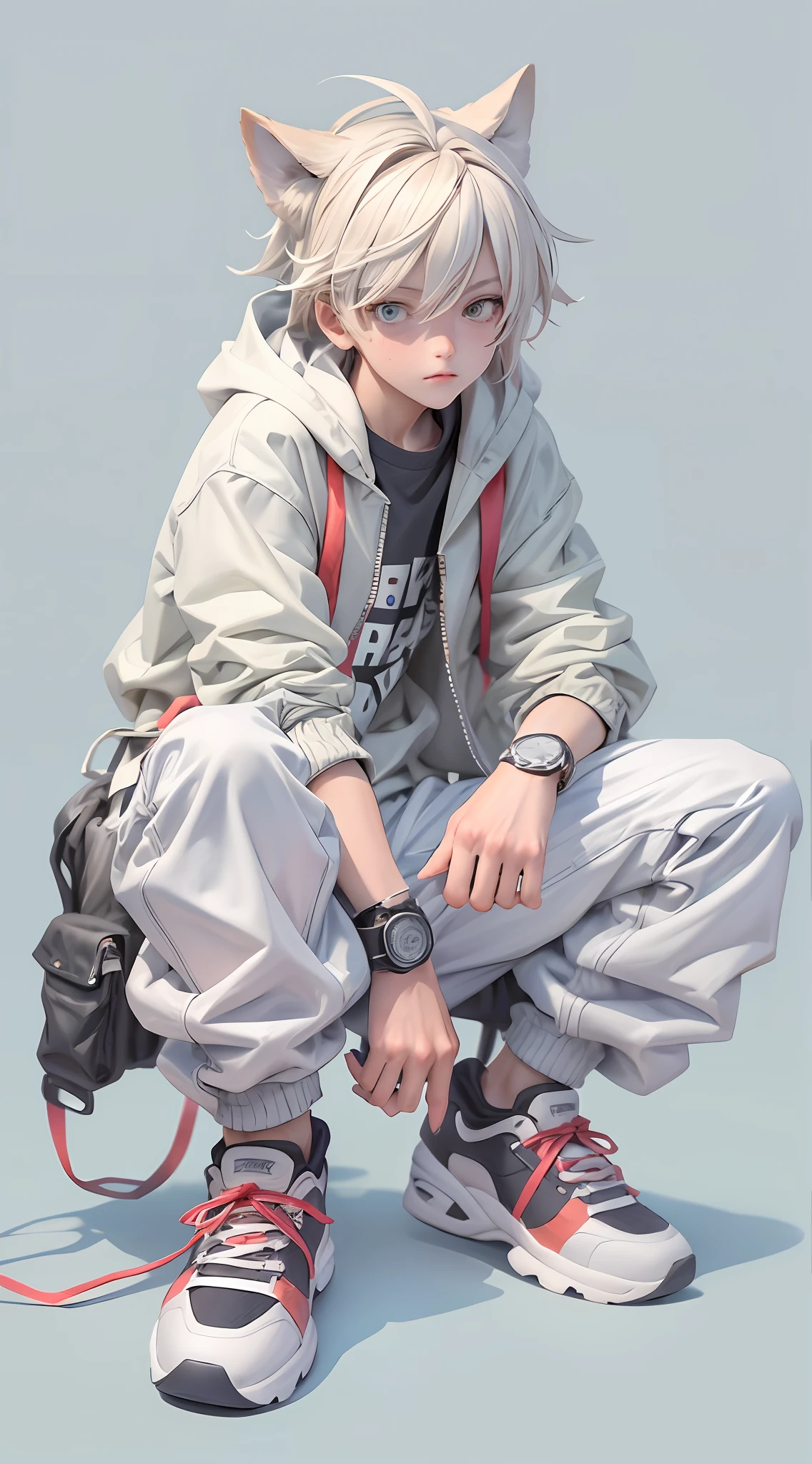 a masterpiece，Bestquality，offical art，8kwallpaper，Extremely Detailed，Illustration，1BOY，Trendy outfits，watch，sneaker shoes，squat down，Hands droop naturally，Hooded jacket，Street side，