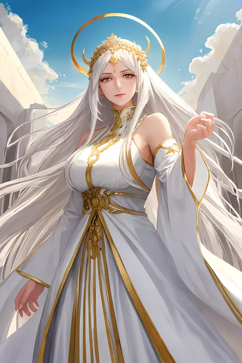 (masterpiece, best quality), 1girl, mature female, long white hair, white clothes, bare shoulder, greek clothes, golden eyes, bi...
