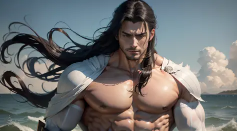 muscular guy，waterside，Super top，8k，a masterpiece，Top Quality，length hair，Drifting in the wind，Realistic approximation of a real person，White samurai suit，A slightly melancholic temperament，black leather，Top handsome guys，Slightly leaky chest，Fine face，Fin...