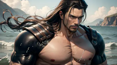 muscular guy，waterside，Super top，8k，a masterpiece，Top Quality，length hair，Drifting in the wind，Realistic approximation of a real person，White samurai suit，A slightly melancholic temperament，black leather，Top handsome guys，Slightly leaky chest，Fine face，Fin...