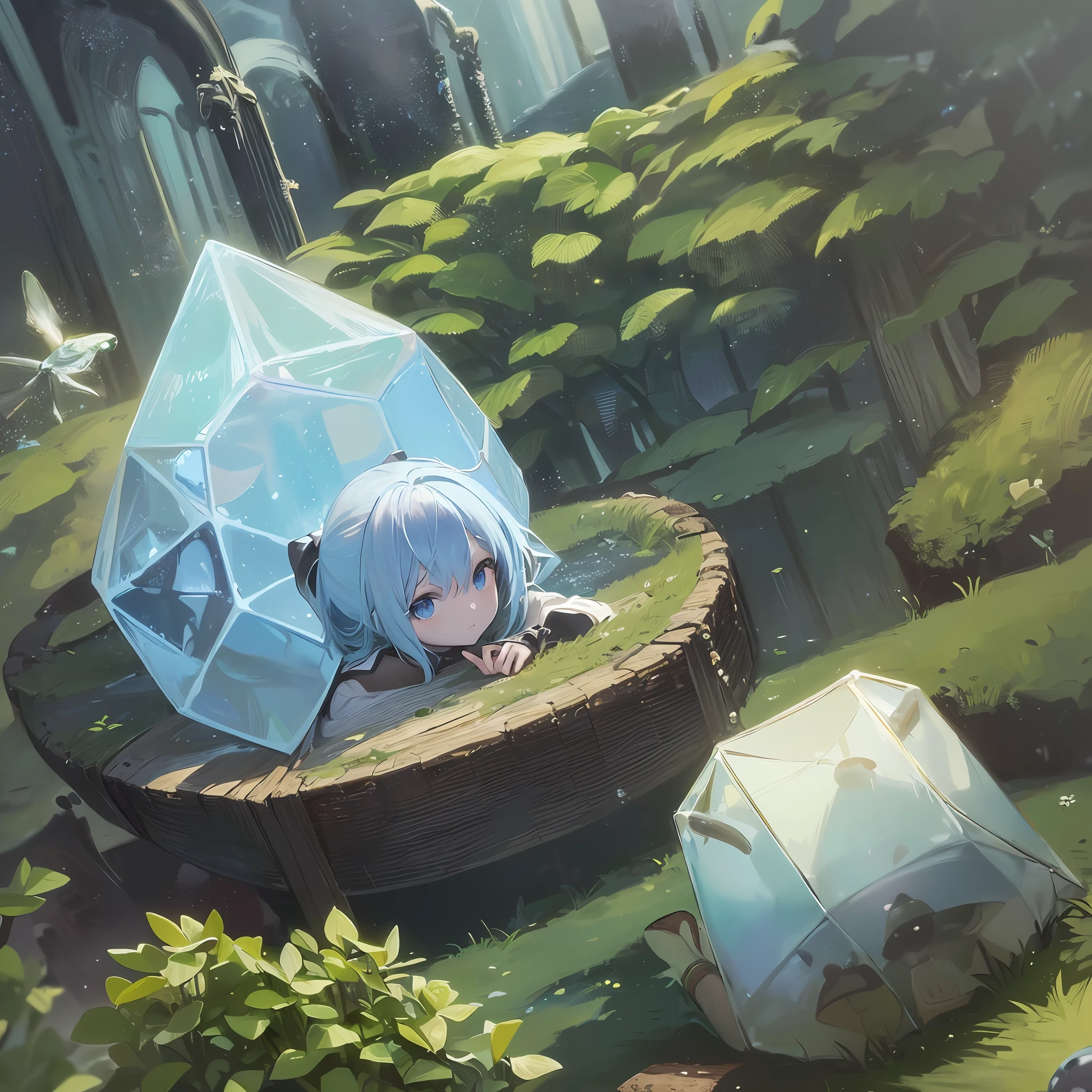 1girl, cirno, crystal wings, blue hair, blue eyes, puffy short sleeves, ((Cirno with frog frozen in a cube)), masterpiece in the style of (Rembrandt:1.1), (Caravaggio:1.1), cirno sits at a table with a frog frozen in a cube, blue bow, Jade Stern, ((masterpiece)), ((illustration)) ((best quality)), (ultra-detailed), ((offical art)), decaying, mushroom clothes, consumed by flora, consumed by mushrooms, covered in mushrooms, covered in flora, pixe in a magical forest and frog frozen in a cub, mooshrooms, lush john 8k woods, covered in flora, (Touhou Project:1.1), anime