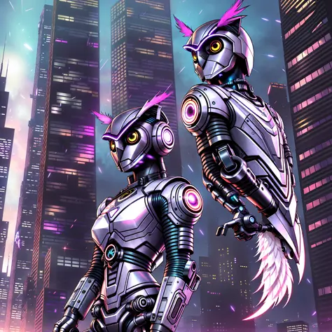 cybernetic owl person leaning against a building, nvinkpunk style, (owl head), large head, feathers, (cyberpunk), (purple eyes),...