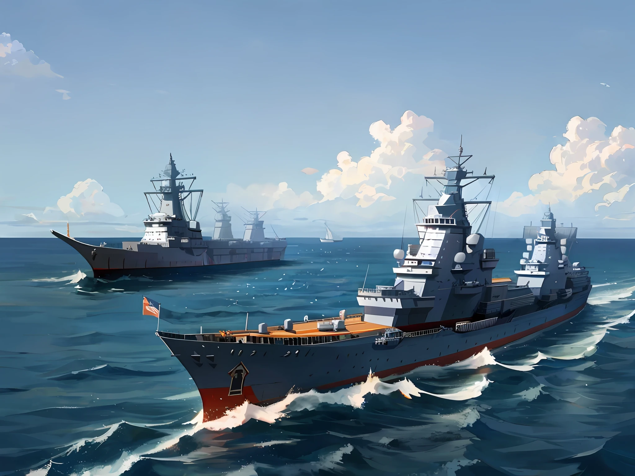 Naval ships of Araffard in the ocean，Blue sky in the background, warships, guangjian, realistic warship design, warship,