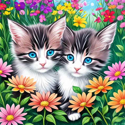 background, painting of cute kittens, flowers. Cartoon. --auto --s2