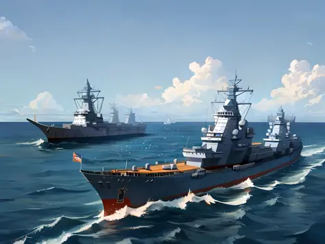 naval ships of araffard in the ocean，blue sky in the background, warships, guangjian, realistic warship design, warship,