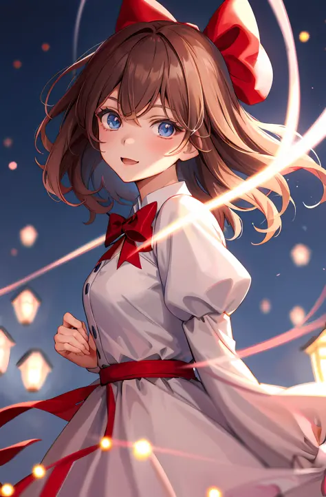 anime girl with blue eyes and a red bow in a white dress, anime moe artstyle, digital anime illustration, beautiful anime portra...