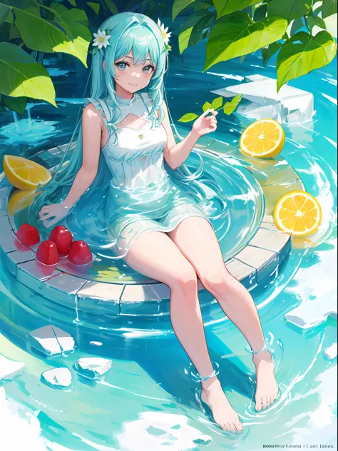 girl, in glass, sitting, full body, beautiful, ice, flower, fruit, light smile, look at viewer, absurdres, fresh,