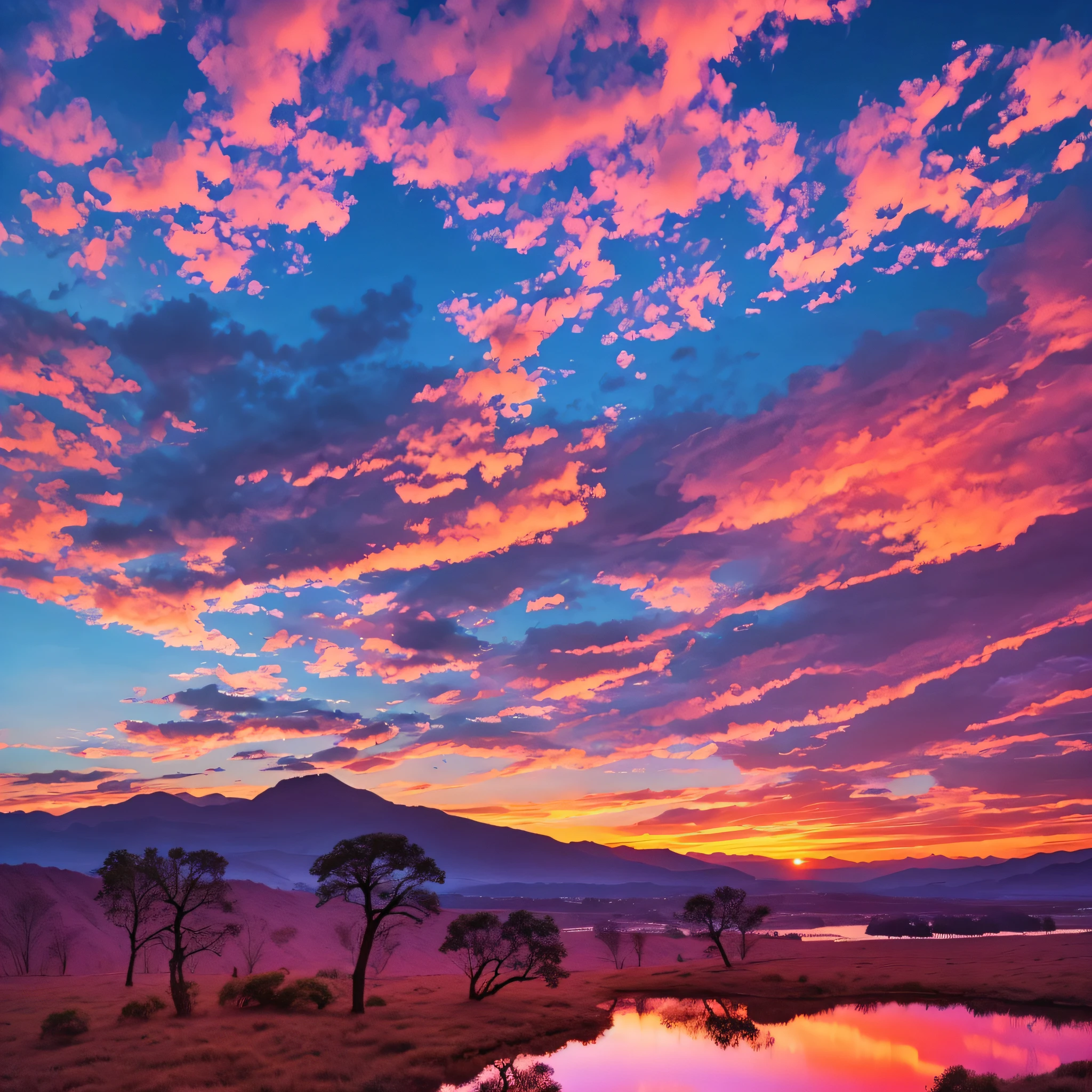 There is a beautiful sunset with a lake and trees in the background, colorful skies, cores surreais, colorful sunset, colorful sky, wonderful reflection of the sky, Stunning sky, sonho como atmosfera 8k, nuvens coloridas, cores refletindo no lago, surreal sky, reflexos vermelhos e azuis, reflexo de fogo, beautiful sky, beautiful and spectacular twilight, bela paisagem de sonho, amazing sky , futuristic wall clock in the left corner --auto --s2