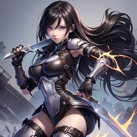 Fantastic Fighting Girl、Dual-wielding、knife,、long black hair、full entire body、Cute、、sexy --auto --s2