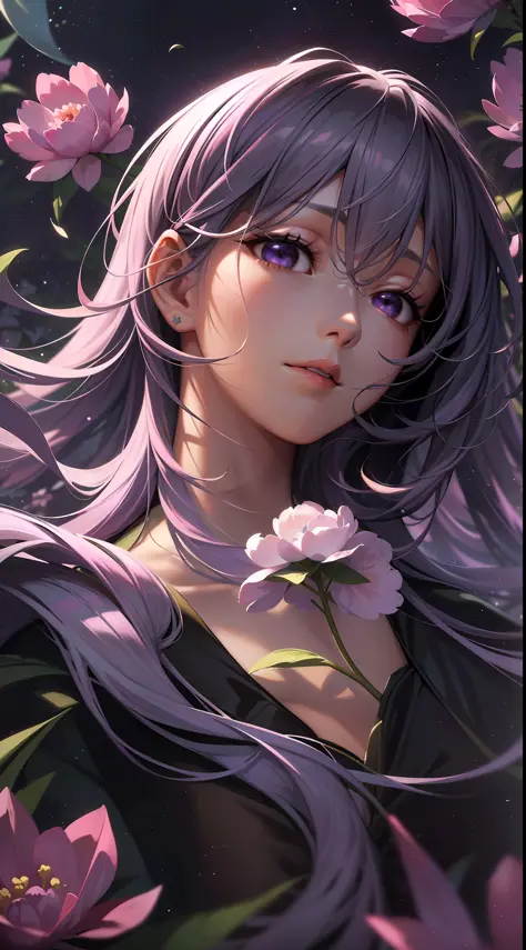 Starry sky, moon, clouds, maiden looking up at the starry sky, long hair, field, (((blue-purple lot))), ((peony flowers a lot)),...