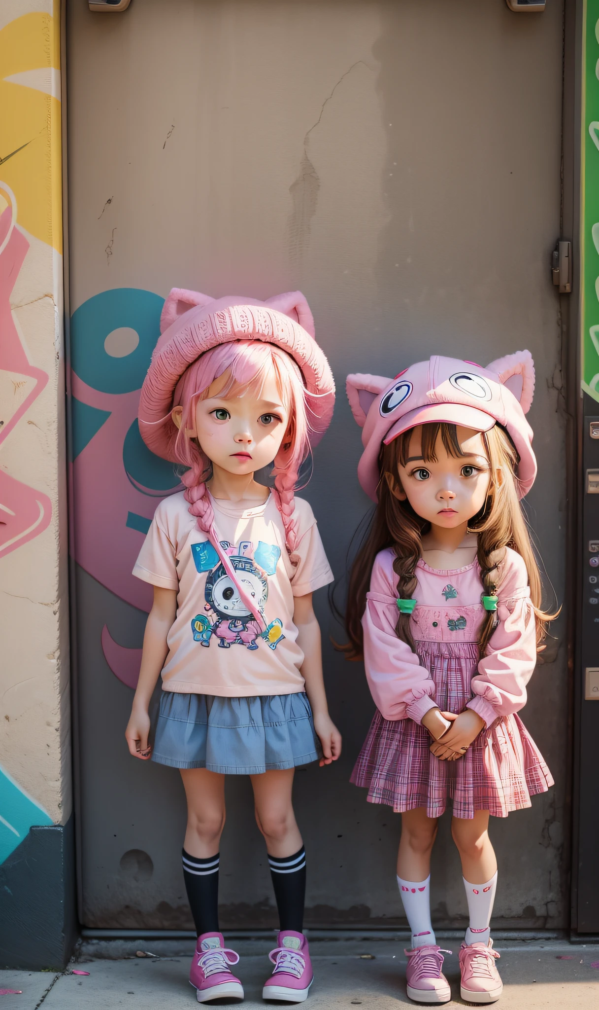 الشخصيات, الرسوم المتحركة, الكتابة على الجدران, الفتيات الصغيرات, لطيف, القبعات, قمم الوردي, pink القبعات, تفاح.